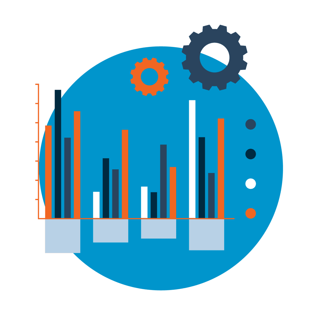 An illustration of a blue circle with abstract line graphs. Used to help