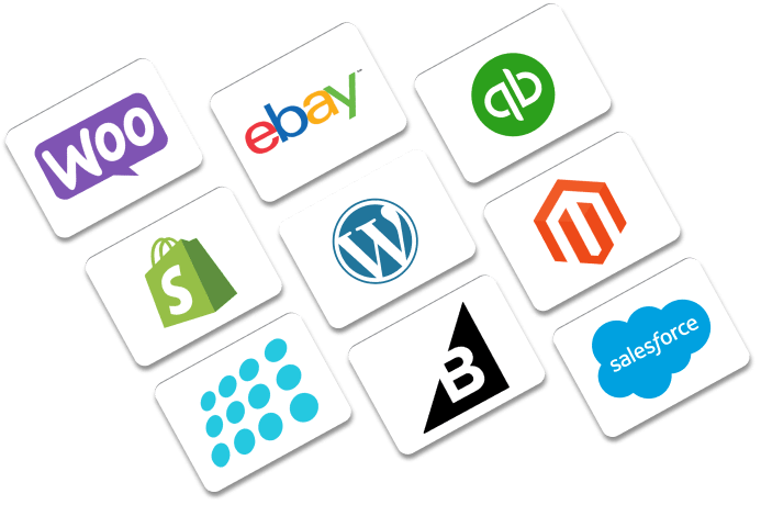 A block of nine company icons that integrate with nFusion products, including WOO Commerce, ebay, WordPress, Salesforce and more