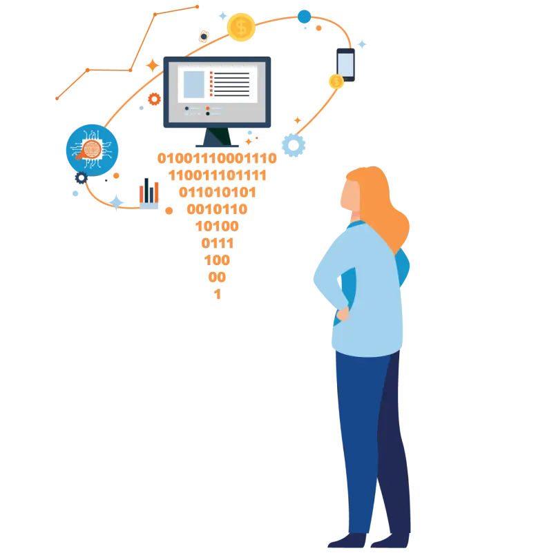 An illustration of a woman looking at computer with digital items orbiting around it