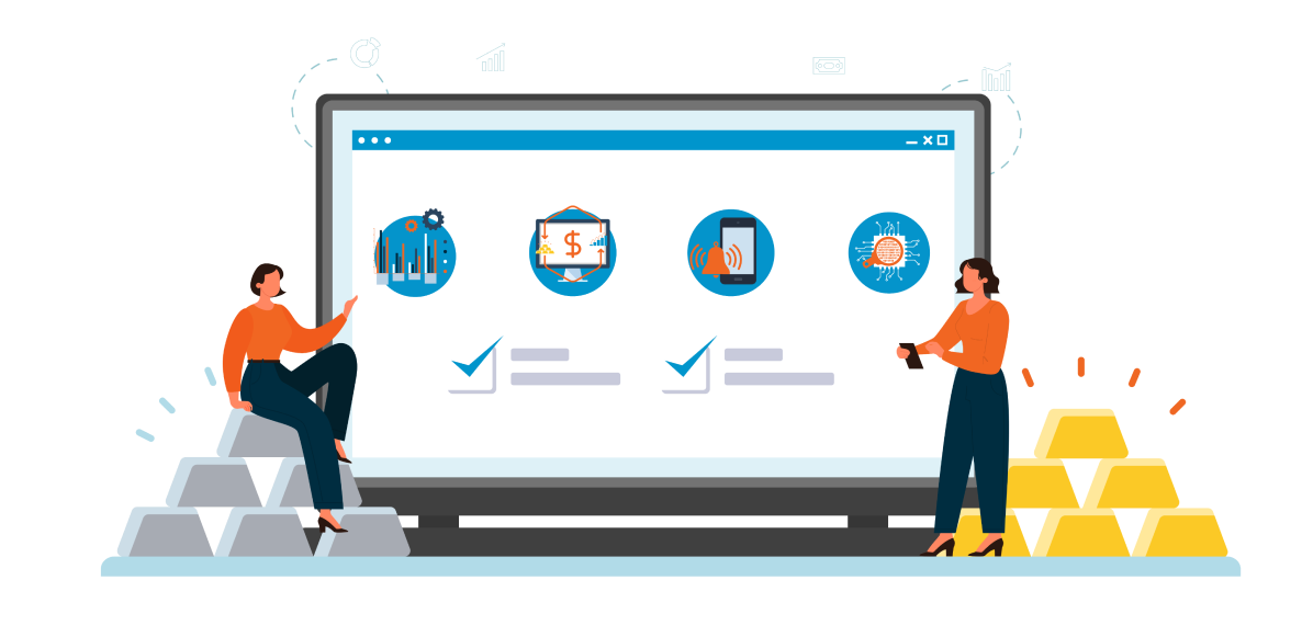An abstract illustration of a computer that displays the illustration for nFusion's products. There are two women standing on the side of the computer. One of them is sitting on top of a pile of oversized silver bars and one of them is standing next to a pile of oversized gold bars.