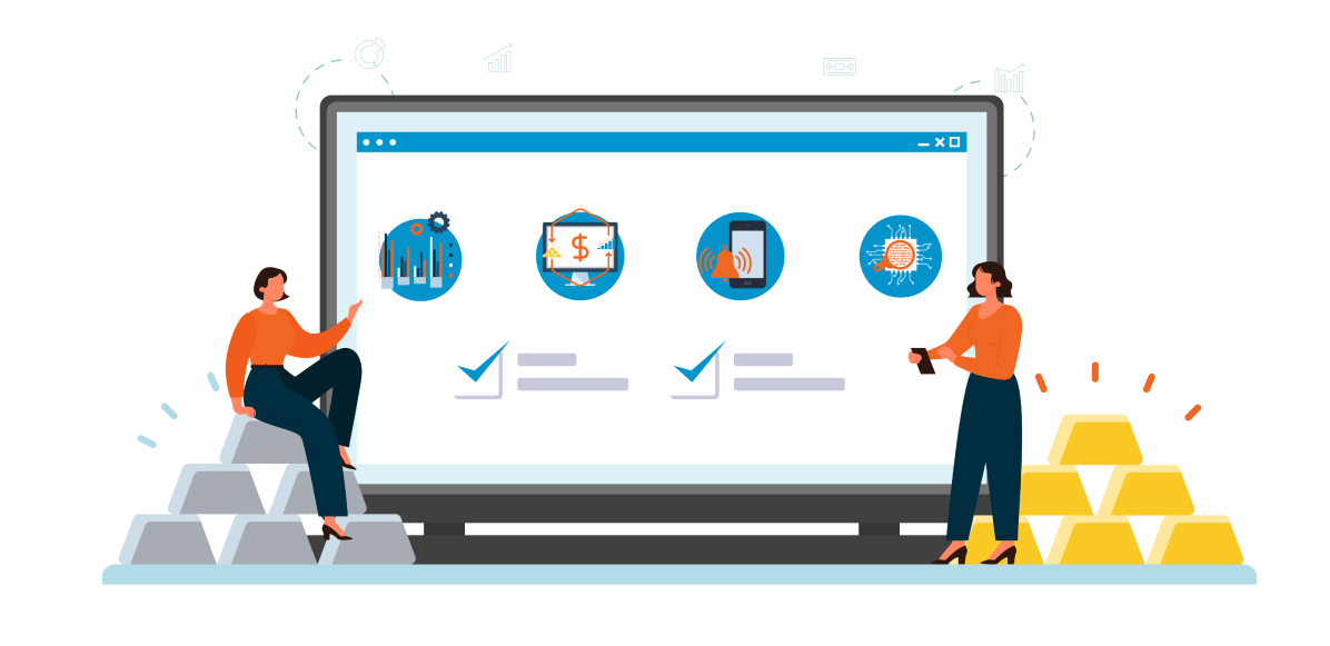 Una ilustración abstracta de una computadora que muestra la ilustración de los productos de nFusion. Hay dos mujeres paradas al lado de la computadora. Uno de ellos está sentado encima de una pila de lingotes de plata de gran tamaño y el otro está parado junto a un montón de lingotes de oro de gran tamaño.